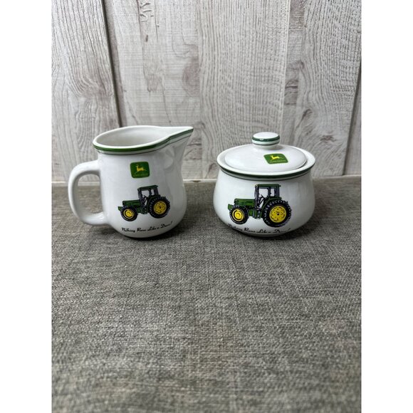 John Deere Ceramic Creamer & Sugar Set Vintage Gibson Farm Tractor Design - Picture 1 of 9